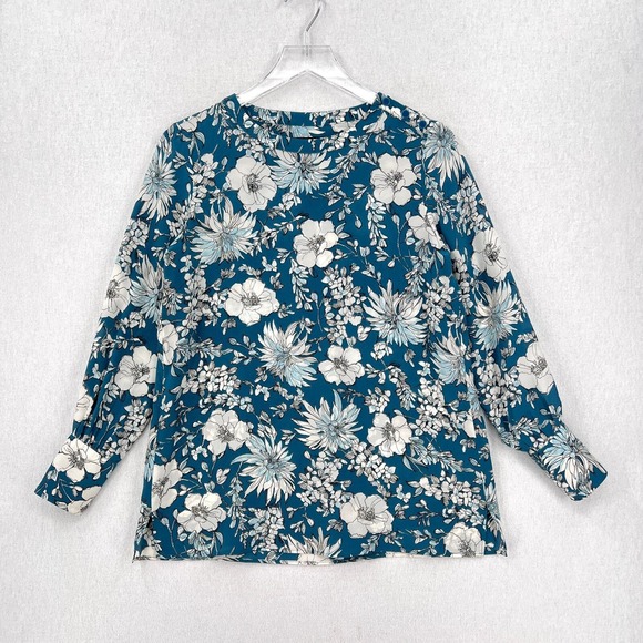 WEEKEND MAX MARA Adda Silk Top XS Floral Print Teal White Long Sleeve Blouse - Picture 3 of 15